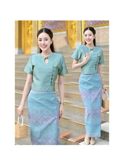 kudapy ชุดเซ็ทสื้อผ้าไหมแพรทิพย์+ ผ้าถุงสำเร็จทอลายอัดกาวอบน้ำยา