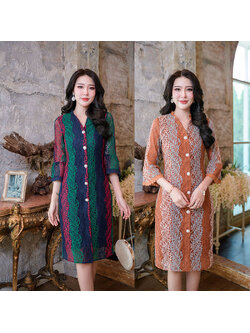 kudapy เดรสสั้นสีน้ำตาล/สีเขียว ทรงสวยใส่ลำลอง ทำงาน สวยเรียบหรูค่ะ ผ้าลุกไม้ลายสวย กระดุมหน้าตกแต่งมุก(กระดุมหลอกตกแต่งสวยงาม