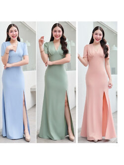 kudapy แม๊กซี่เดรสออกงาน จีบใต้อก คอวีแขนสั้น ตีเกร็ดเอว กระโปรงผ่าหน้า เรียบหรู