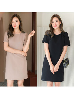 kudapy เดรสสั้นสีดำ/สีเบจ แขนสั้น ทรงเรียบ คลาสสิกใส่ง่าย รูดยกหัวไหล่เพิ่มความคิ้วท์