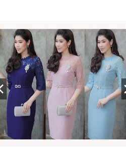 kudapy เดรสสั้นผ้าลูกไม้สีฟ้าอมเทา/ชมพูกะปิ/น้ำเงินเข้ม แขนสามส่วน ไหล่และแขนเย็บแต่งลูกไม้