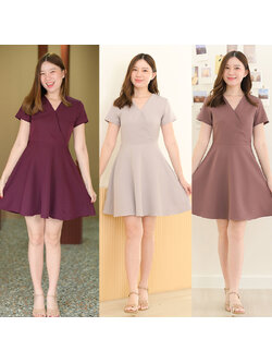 kudapy เดรสสั้นสีม่วงอมน้ำตาล/สีเทาอ่อน/สีแดงเข้ม คอแหลม ตัดต่อป้ายหน้ากิโมโน กระโปรงทรงวงกลม มีซับในกระโปรง