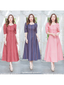 kudapy เดรสยาวผ้าไทยพิมพ์ลายสีแดง/สีชมพู/สีกรม คอเหลี่ยม หยักแขนตุ๊กตา ลายไทยทรงสวย