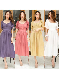kudapyเดรสยาวสีขาว/เหลือง/ชมพู/ม่วง ทรงน่ารักมากๆเลย จะใส่ปาดไหล่ก็ได้ด้วยค่ะ เอวสม็อค