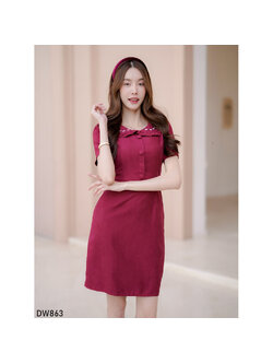 kudapy เดรสสั้นสีแดง ใส่ทำงานผ้าลูกฟูกมีกระดุมกลางอก