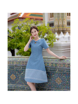 kudapy เดรสสั้นสีฟ้า ผ้าไทยวันแม่ทรงบาน แขนสั้น