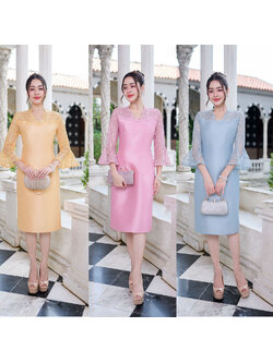kudapy เดรสสั้นสีเหลืองทอง/สีฟ้า/สีชมพู ผ้าไหมญี่ปุ่น คอวีแต่งเคิพเป็นเชิงผ้าตกแต่งรอบคอ และช่วงอก