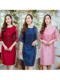 kudapy ชุดเดรสสั้นคอกลม แขนยาวสามส่วนสีแดง/ชมพู/น้ำเงินกรมท่า เดรสปักเลื่อมกากเพชร ทรงเอเข้ารูป งานซับใน ซิบหลัง