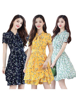 kudapy เดรสสั้นคอวีผูกโบว์สีเหลือง/สีกรมท่า/สีเขียว พิมพ์ลายดอกตามแบบ ซิบข้างเก็บทรงสวยตามแบบค่ะ