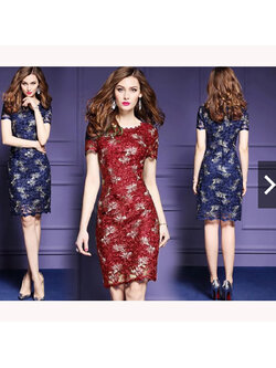 kudapy เดรสลูกไม้สีกรม/สีแดง แขนสั้น ผ้าลูกไม้ทอลายดอกไม้เดินดิ้นสีทอง มีซับในในตัวผ้าซาตินเงา ซิบซ่อนด้านหลัง