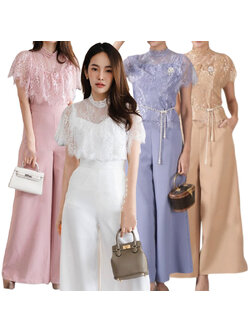 kudapy เซท 2ชิ้น เสื้อลูกไม้+กางเกงขายาว สีขาว/สีชมพู/สีฟ้าเทา/สีทอง แต่งระบายอก