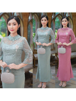 kudapy ชุดลูกไม้ใยบวบสีเขียวมิ้นท์/สีชมพู คอปีนแต่งด้วยลูกไม้ลายดอกที่เข้ากับลายตัวเสื้อ ทรงแขนกระดิ่ง