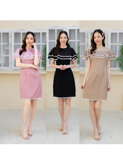 kudapy เดรสสั้นสีดำ/สีชมพู/สีน้ำตาล งานผ้าสีพื้น แต่งชั้นระบาย 2 ชั้นช่วงบน โทนสีสุภาพสามารถใส่ไปทำงาน