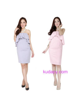 kudapy เดรสสั้นเกาะอกสีเทา,สีชมพู ผ้าฮานาโกะดีเทลเย็บระบายรอบอก กระโปรงทรงสอบ เย็บยางยืดซ่อนช่วงเหนืออก