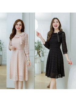 kudapy เดรสสั้นสีชมพู/สีดำ ลูกไม้คอปกซ้อนสองชั้น มีดีเทลแต่งมุกสวยเก๋ข้างปก ผ้าลูกไม้เนื้อหนานิ่มทิ้งตัว