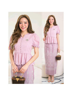 kudapy ชุดเซ็ทเสื้อผ้าคอตตอนปักลายดอกไม้เกรดพรีเมี่ยมซับอย่างดี + ผ้าถุงเย็บสำเร็จทอลายอัดกาว ตะขอซิปหลัง