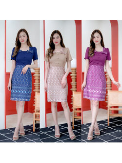 kudapy เดรสสั้นสีกรม/สีน้ำตาล/สีม่วง ผ้าไทยแต่งโบว์ ใส่ออกงานสวยดูดี