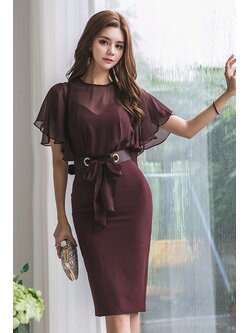 kudapy เดรสสั้นสีไวน์แดง ผ้าโพลีเอสเตอร์แขนบัวบัวผ้าชัฟอง ทรงดินสอเอวสูง ซิปซ่อนหลัง