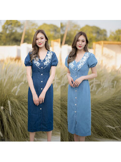 kudapy เดรสยีนส์ยาวสีกรม/สีฟ้า คอปกแต่งลูกไม้ กระดุมหน้า ใส่สบายสวยดูดี