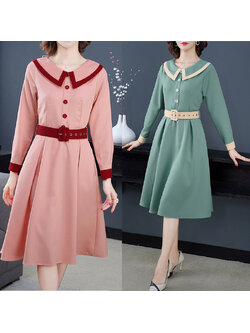 kudapyเดรสสั้นสีโอรส/สีเขียว ผ้าคอตตอนทอ คอบัว แต่งคอเสื้อและปลายแขนเสื้อด้วยผ้าสีแดงตัดกับตัวชุด