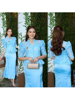 kudapy ชุด set เสื้อลูกไม้สีฟ้าเข้ม ทอลายดอกไม้แขนยาวทรงสุภาพ กระดุมหน้าเอวทวิต มีซับใน