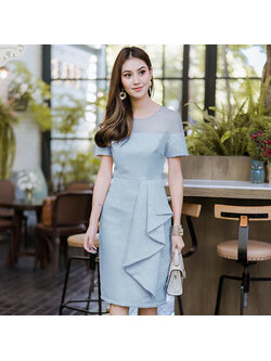 Kudapy ชุดเดรสสั้นออกงานสีฟ้า ทรงเข้ารูป ผ้าอัดลาย ช่วงไหล่ซีทรู โชว์เซ็กซี่ งานสวย ผ้าดีมากค่ะ