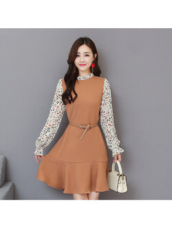 kudapy เดรสสั้นแขนยาวสีน้ำตาลตัดกับแขนยาวสีครีมพิมพ์ลายดอก (มีเข็มขัดตามภาพ) ชุดใส่ไปทำงาน ชุดทำงานสวยๆจร้า