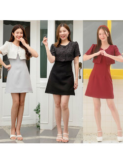 kudapy เดรสแขนสั้นคอกลม ตัดต่อผ้าทวีด เหมือนใส่เดรสคลุมด้วยเสื้อครอป ติดกระดุมปั๊มสวย