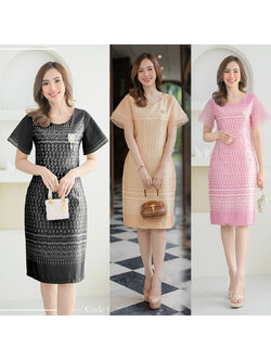 kudapy เดรสสั้นสีทอง/ชมพู/ดำ ผ้าปริ้นลายไทยแต่งแขนด้วย ผ้าไหมออแก่นดี้มีซับในและชิปหลังใส่สบาย