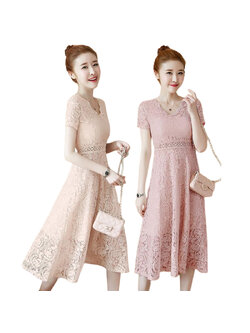 kudapy เดรสสั้นสีม่วง/สีแอปริคอท ลูกไม้คอหยัก สีหวาน แต่งซีทรูลูกไม้ถักช่วงเอว มีซิปซ่อนด้านหลัง มีซับใน ใส่ออกงานได้