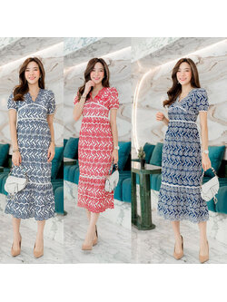 kudapy เดรสยาวสีแดง/สีกรม/สีขาว คอวีผ้าลูกไม้ ใส่สบายสวยดูดี