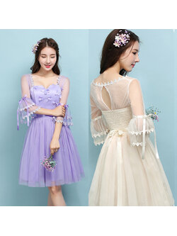 kudapy ชุดราตรีสั้นสีม่วง/สีครีมเบจ คอกลมแขน5ส่วน ผ้าซีทรูทั้งชุด ซับในผ้าซาตินอย่างดี