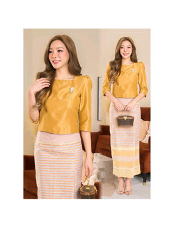 kudapy ชุุดเซ็ทเสื้อผ้าไหมแพรทิพย์ + ผ้าถุงผ้าไหมทอลายสีทองน้ำตาล ใส่ออกงานสวยดูดี