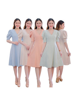 kudapy เดรสสั้นใส่ออกงานสีฟ้า,สีครีมเบจ,สีเขียวมิ้นท์,สีชมพูโอรส เดรสจีบแขนพอง พรางต้นแขนตีเกร็ดข้างเอวคอวีเอวสูง กระโปรงบานพริ้ว