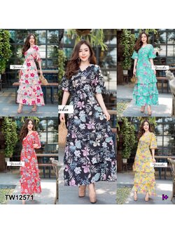 kudapy Maxi Dress เดรสยาว แขน 3 ส่วน ทรงระบายนิดๆ ช่วงแขนงานสวยๆ กระโปรงแต่งชายระบาย 3 ชั้น