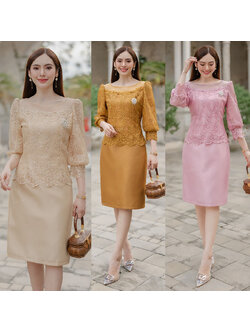 kudapy เดรสสั้นสีทอง/สีครีมทอง/สีชมพู ลูกไม้ทอปักวิ้งๆ เพิ่มความหรู ทรงคอปาดซีทรู ดีไซด์แขนบอลลูกเพิ่มผ้ามุ้งที่แขนป้องกันระคายผิว