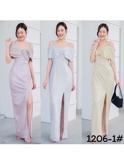 kudapy เดรสยาว ผ้าดัชเชสอัดกาว เปิดบ่าจับบิดทวิชไขว้อก มีสายคล้องบ่า กระโปรงทรงสอบ ผ่าหน้าขา sexy