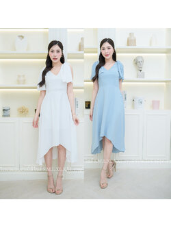 kudapy เดรสหน้าสั้นหลังยาวแต่งโบว์ไหล่สีฟ้า/สีขาว งานสวยมีซับในซิปหลัง