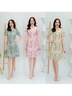 kudapy เดรสสั้นสีเขียว/สีชมพู/สีครีม กระดุมหน้าดอกเดซี่ ใส่ทำงาน ออกงานสวยดูดี