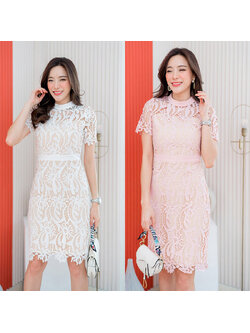 kudapy เดรสสั้นสีชมพู/สีขาว ลูกไม้ซับในน้ำตาลใส่ออกงาน สวยดูดี