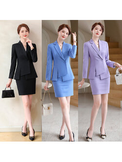 kudapy ชุดสูททำงานผู้หญิงสีฟ้า/สีม่วง/สีดำ ปกป้านแต่งกระดุมแขนยาวพร้อมกระโปรง