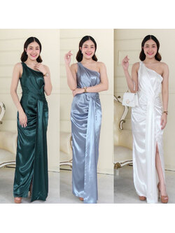 kudapy เดรสยาวบ่าเดี่ยว จับเดรปจีบช่วงเอวจัดเดรปผ้าช่วงเอวทิ้งตัวสวย sexy เรียบหรู เนื้อผ้าดัชเชสซาติน