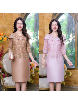 kudapy เดรสสั้นสีน้ำตาล/สีชมพู ผ้าไหมญี่ปุ่นบวกกับลูกไม้เงาทอผสมดิ้นปักตกแต่งเลื่อม