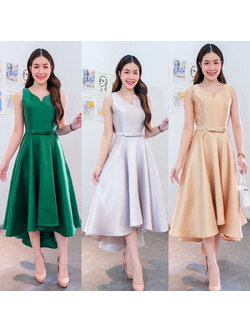 kudapy เดรสกระโปรงทรงหน้าสั้นหลังยาวสีเขียว/สีเทา/สีทอง อกหัวใจ คอระหงษ์ มาพร้อมเข็มขัดถอดได้