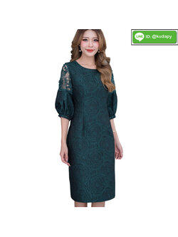 kudapy เดรสสั้นบอลลูนสีเขียวเข้ม ทรงสวยสุดฮอต ผ้าลายกุหลาบสวยสะดุดตามาก มีซับใน ซิบหลังจร้า