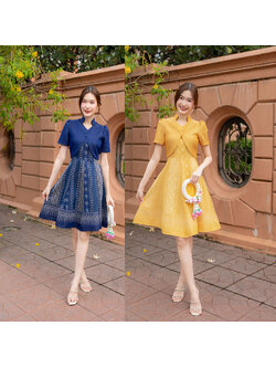 kudapy เดรสสั้นสีกรม/สีเหลือง เสื้อกั๊กคลุมกระดุม2เม็ดอัดกาว
