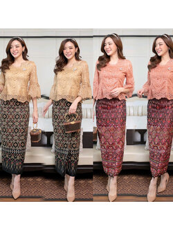 kudapy เซ็ทเสื้อลูกไม้ใยบวบดอกลอยเกรดพรีเมี่ยมสีส้ม/สีทอง มาพร้อมกับผ้าถุง ผ้าไหมแพรวากาฬสินทร์สำเร็จรูปอัดกาวอย่างดี