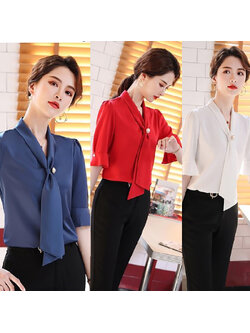 kudapy เสื้อแฟชั่นผู้หญิง แขนสามส่วน สีแดง สีขาว สีน้ำเงิน ใส่มำงานสบายตัวผ้านิ่ม