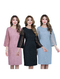 kudapy เดรสสั้นลายกุหลาบคอกลมแขนสามส่วนสีชมพูกลีบบัว/สีเทาฟ้า/สีดำ ดีไซน์รุ่นนี้เป็นงานหวานๆ ช่วงแขนต่อด้วยผ้าลูกไม้เป็นแขนทรงต่อระบายสองเลเยอร์นะคะ