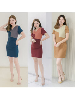 kudapy เดรสสั้นสีแดงเข้ม/สีกรม/สีมัสตาร์ด ตัดต่อทูโทนสองสี เล่นระดับเลเยอร์ตัดต่อ ดีไซน์เก๋เล่นสีไม่ซ้ำใคร